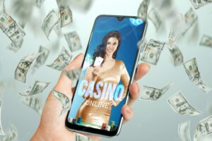 Beautiful girl with playing cards in her hand on the smartphone screen and falling dollars. online casino, gambling, betting, roulette. flyer, poster, template for advertising.