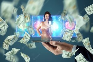 Beautiful girl with playing cards in her hand on the smartphone screen and falling dollars. online casino, gambling, betting, roulette. flyer, poster, template for advertising.