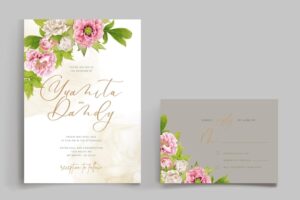 Beautiful hand drawn peony floral and leaves invitation card set