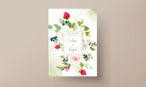 Beautiful rose flower wedding invitation card with botanical strawberry and blueberry