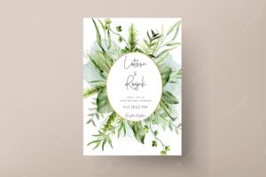 Beautiful watercolor greenery leaves wedding invitation card