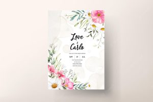 Beautiful watercolor poppy and daisy flower wedding invitation card