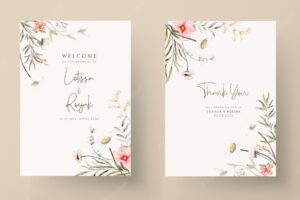 Beautiful watercolor wedding invitation card with elegant flower and tiny foliage
