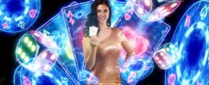 A beautiful young girl in a gold dress holds playing cards, neon casino inscription, cards and dice in her hands. banner concept for casino, poker, flyer, gambling, croupier, header for the site.