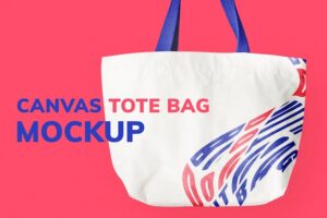 Beige tote bag mockup psd with pink miss you typography