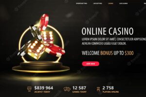 Black casino web banner with gold 3d dice with red and black realistic gambling stack of casino chips on gold podium with yellow neon ring on background