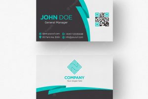 Black and white business card with aquamarine details