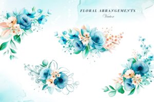 Blue and brown watercolor floral arrangements for wedding invitation card composition