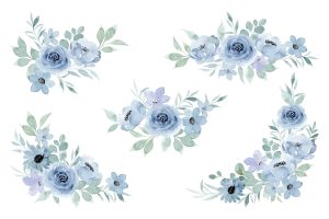Blue floral watercolor bouquet collection