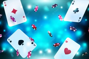Blue shiny blurred background with flying playing cards and poker chips