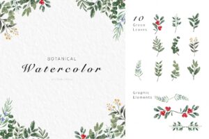 Botanical green leaf watercolor painting elements for wedding invitiaion greeting card decorations and more