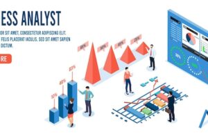 Business analysis technology concept isometric vector illustration process working with big database on data center system for diagrams of sales management statistics and operational reports