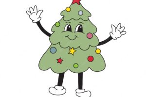 Cartoon christmas tree mascot character 40s 50s 60s old animation style vintage comic in trendy cool retro style