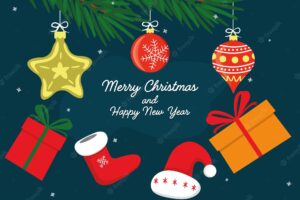 Cartoon merry christmas and happy new year banner with branches toys gifts santas boot and hat snowflakes