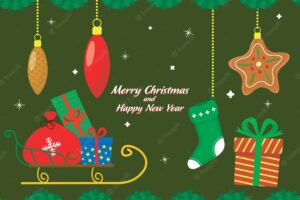 Cartoon merry christmas and happy new year banner with gift toys snowflakes and santas sleigh
