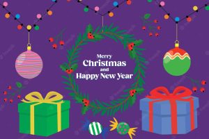 Cartoon merry christmas and happy new year banner with gifts toys candies garland branches and wreath