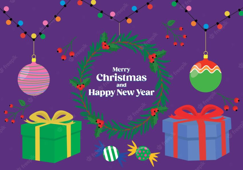 Cartoon merry christmas and happy new year banner with gifts toys candies garland branches and wreath