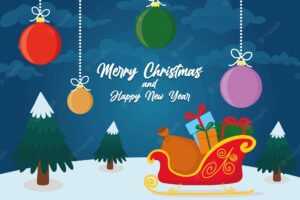 Cartoon merry christmas and happy new year banner with trees christmas toys clouds and snow santas sleigh