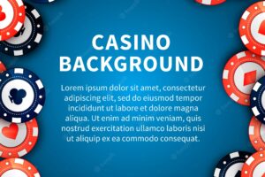 Casino chips on table, background with text template