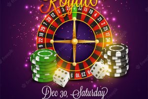 Casino flyer with roulette, poker chips and dices.