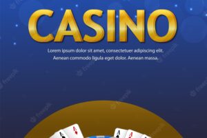 Casino gambling game flyer with casino chips, playing cards