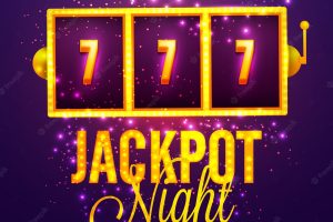 Casino jackpot night background with golden slot machine.