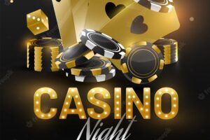 Casino night banner template or flyer design with golden playing cards, dices and poker chips