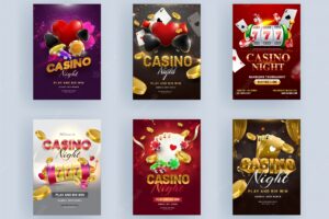 Casino night party flyer design with 3d slot machine, playing cards, golden coin and poker chip on different color background.