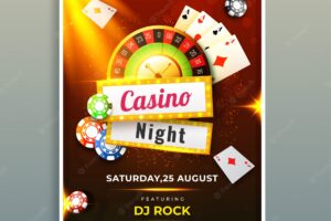 Casino night template or flyer design with chips, coins, playing