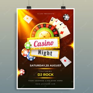 Casino night template or flyer design with chips, coins, playing
