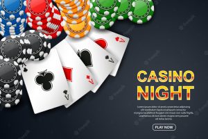 Casino night. with chip poker and playing card on black . flyer, poster or banner .