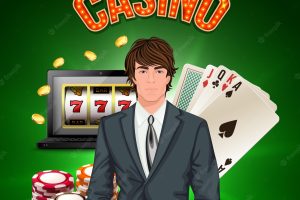 Casino player realistic composition with stylish man in a suit in the foreground and game attributes vector illustration