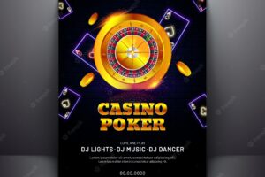 Casino poker template or flyer design with golden roulette wheel