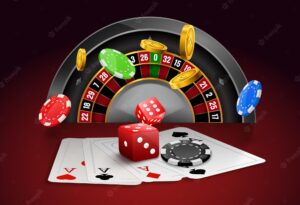 Casino roulette with chips, red dice realistic gambling poster banner. casino vegas fortune roulette wheel design flyer.