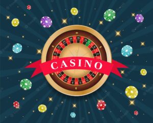 Casino tournament, roulette, cards and chips banner. vector illustration on a blue background.