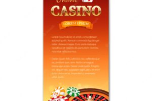 Casino  . vertical banner, flyer, brochure on a casino theme with roulette wheel, game cards and chips