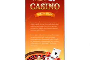 Casino  . vertical banner, flyer, brochure on a casino theme with roulette wheel, game cards and dice