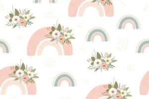 Children's seamless pattern with spring rainbow and flower in pastel colors.