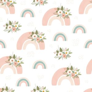 Children's seamless pattern with spring rainbow and flower in pastel colors.