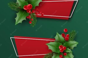 Christmas banners with holly berries and christmas tree branches new year elements with floral decor