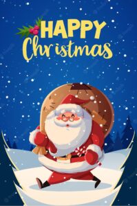Christmas card design template with santa claus and gifts. vector illustration