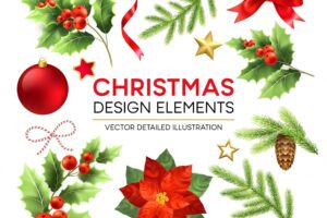 Christmas design elements set. xmas decorations and objects. poinsettia, fir branch, mistletoe berries, pinecone design elements. christmas ball, ribbon and bow. isolated vector detailed illustration