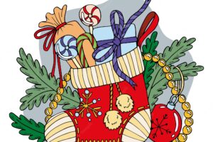 Christmas flat composition vector red sock with boxes of gifts sweet candies fir branches with decorative beads and toys hand drawn illustration