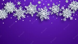 Christmas illustration of white complex paper snowflakes with soft shadows on purple background