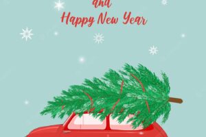 Christmas or new year card with a car carrying a christmas tree