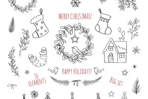 Christmas and new year set of drawings. snowflakes, christmas trees, birds, mistletoe, holly, branch