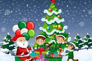 Christmas night with santa claus and elves