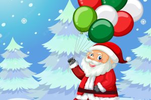 Christmas poster design with santa claus holding balloons