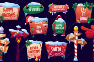 Christmas signboards, wooden signs with snow, santa hat, garlands and bells with holly leaves. wood banners, road direction arrows on striped poles, holiday billboards cartoon vector illustration set