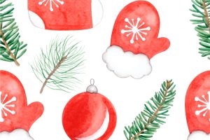 Christmas socks and mitten seamless pattern. pine branch. vector illustration